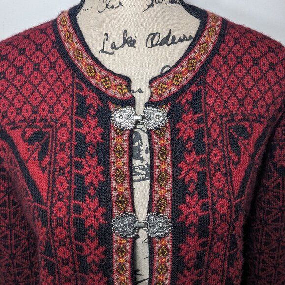 Christiania Sweaters Red Black Orsta Pure New Wool Nordic Cardigan Sweater L - Picture 2 of 12